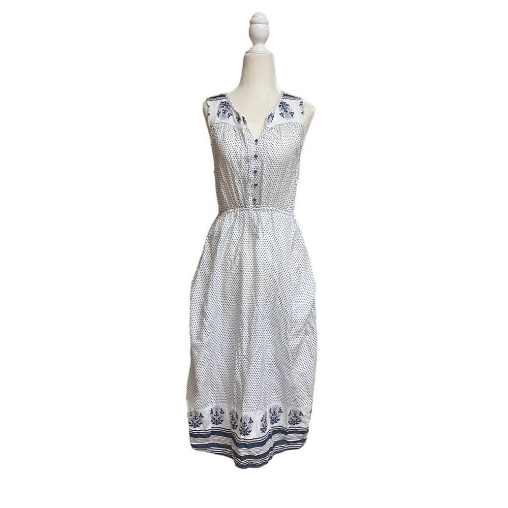 LUCKY Brand dress size small White Navy Blue Polka dot floral sleeveless